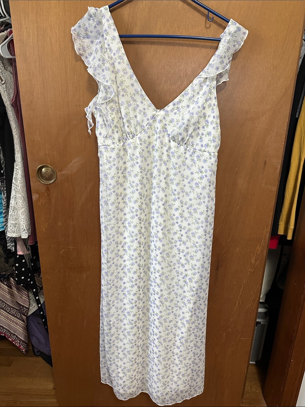 No Boundaries White Maxi Dress with Lavender Floral Print and Ruffle Straps